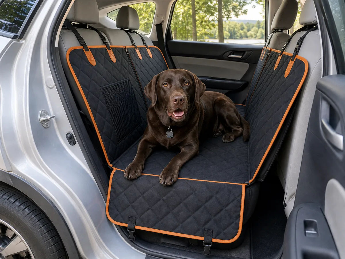 Chocolate lab relaxing on Pet Liners RoadLiner in a light gray crossover interior
