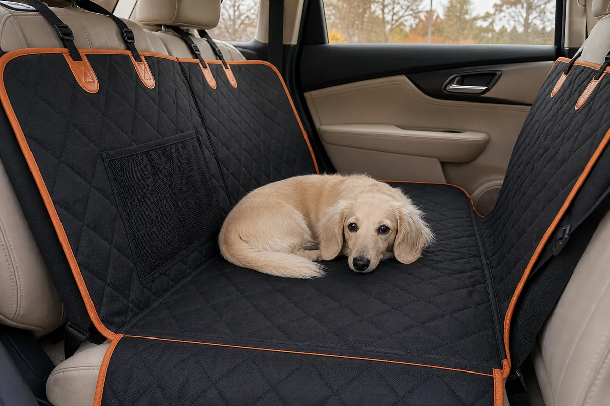Customer dachshund resting on Pet Liners RoadLiner in a compact SUV