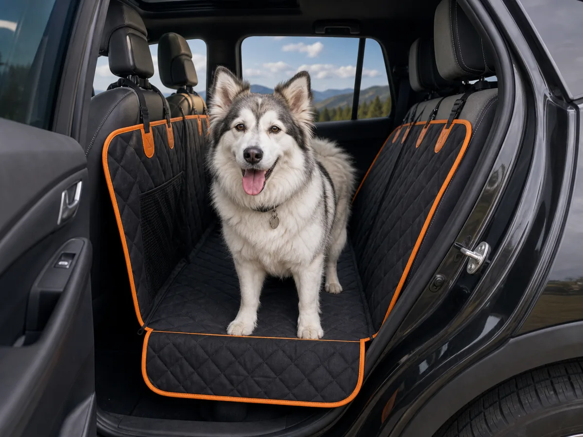 Customer dog sitting on Pet Liners RoadLiner in a truck interior