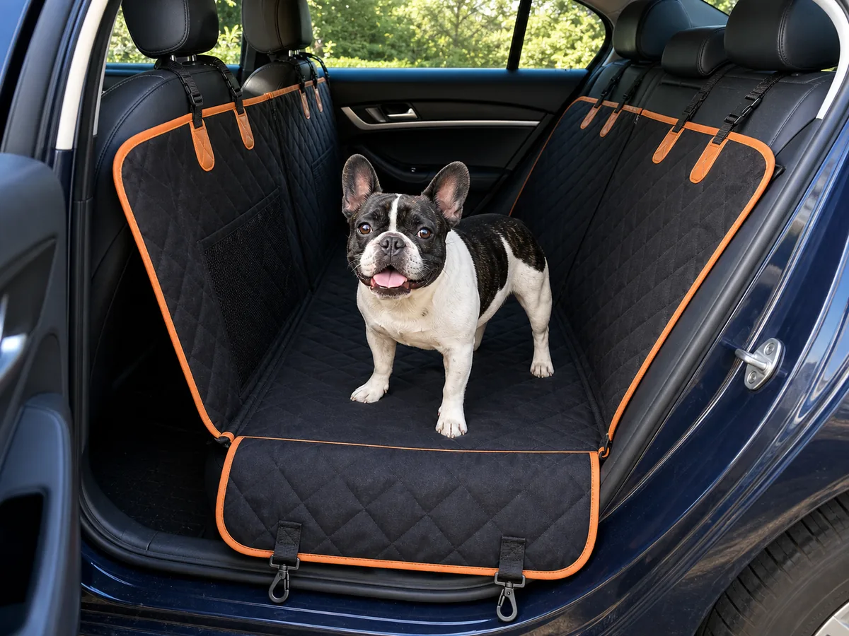 French bulldog standing on Pet Liners RoadLiner in a dark sedan interior