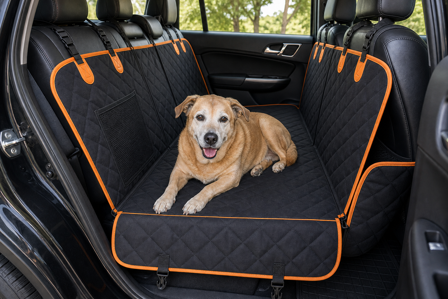 Senior tan mixed-breed dog lying on Pet Liners RoadLiner in a black SUV interior