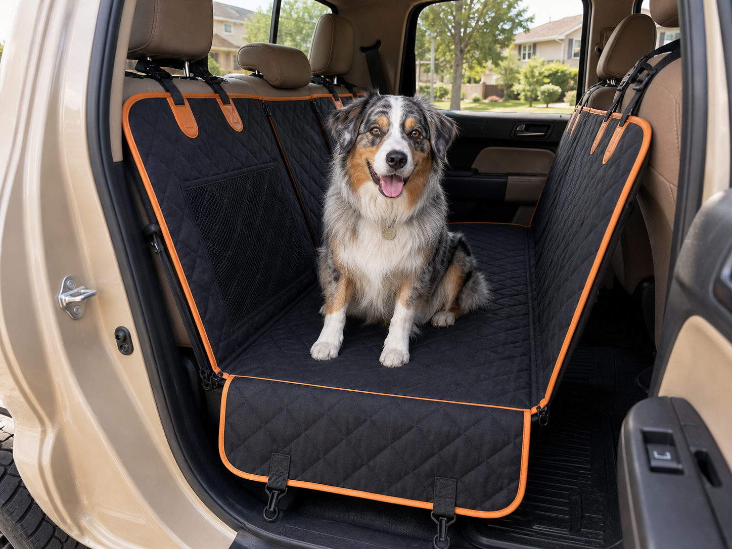 Australian shepherd sitting on Pet Liners RoadLiner in a tan truck interior