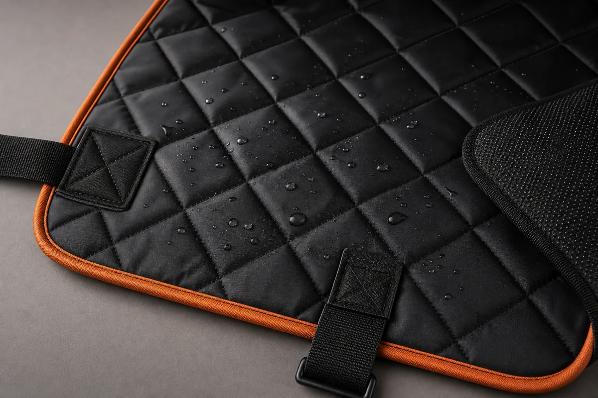 Close-up of black quilted waterproof dog car mat with orange trim and water droplets