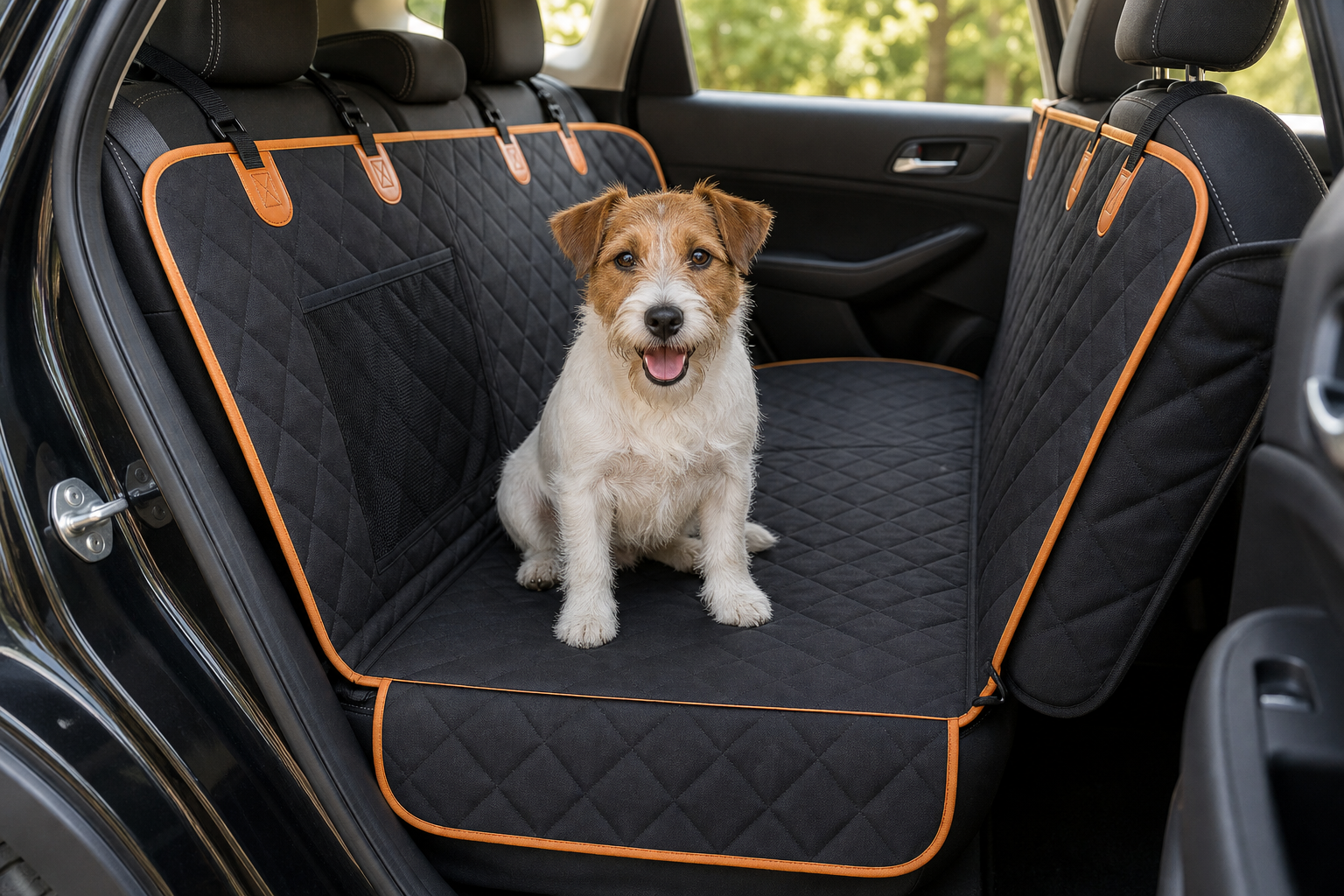Small terrier sitting near Pet Liners door protection flap