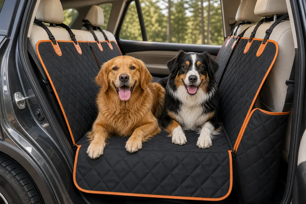 Two dogs sharing the Pet Liners back-seat extender in an SUV