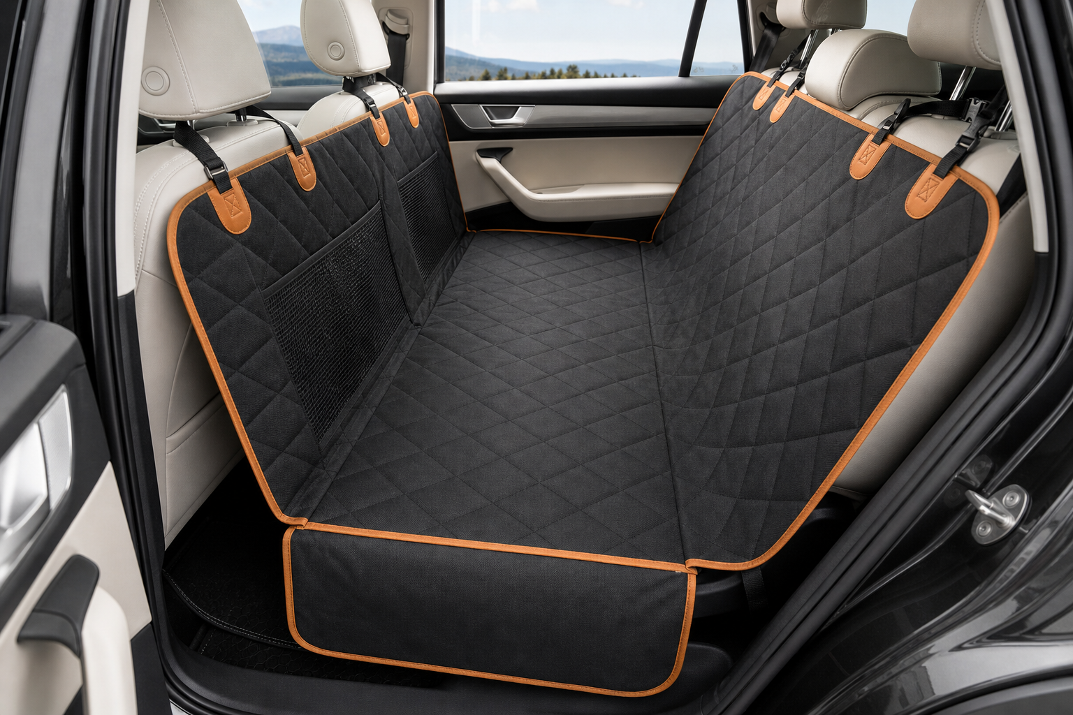 Black quilted dog back-seat extender with orange trim installed across a car back seat