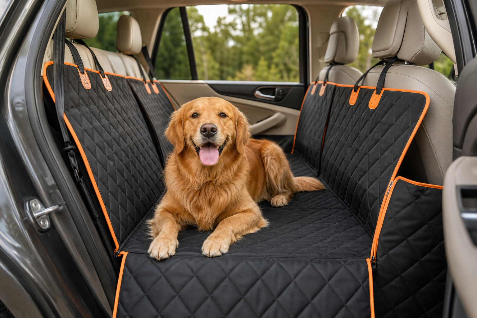 Dog relaxing on a black quilted Pet Liners back-seat car extender